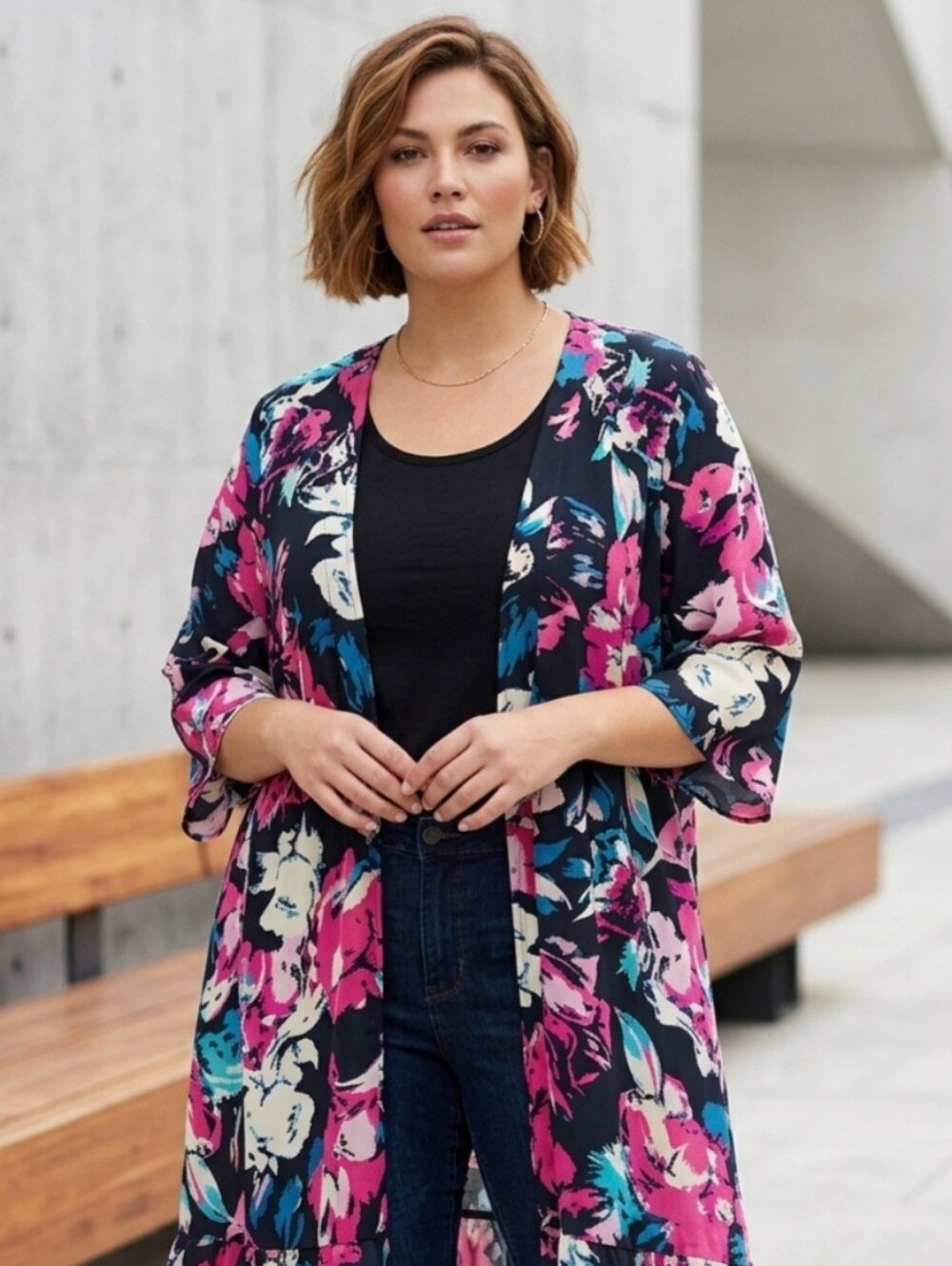 Lane Bryant Floral Kimono Tiered Open Front Cover Up Flowy Duster Feminine